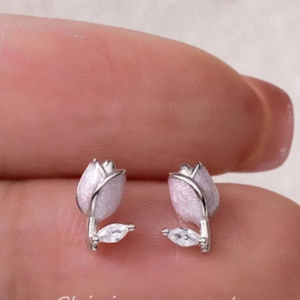 NWT Sterling Silver Pink Rose Earrings Floral Flower Tulip Rhinestone Presents